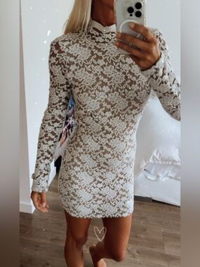 Sheer White Floral Lace Long-Sleeve Mini Dress